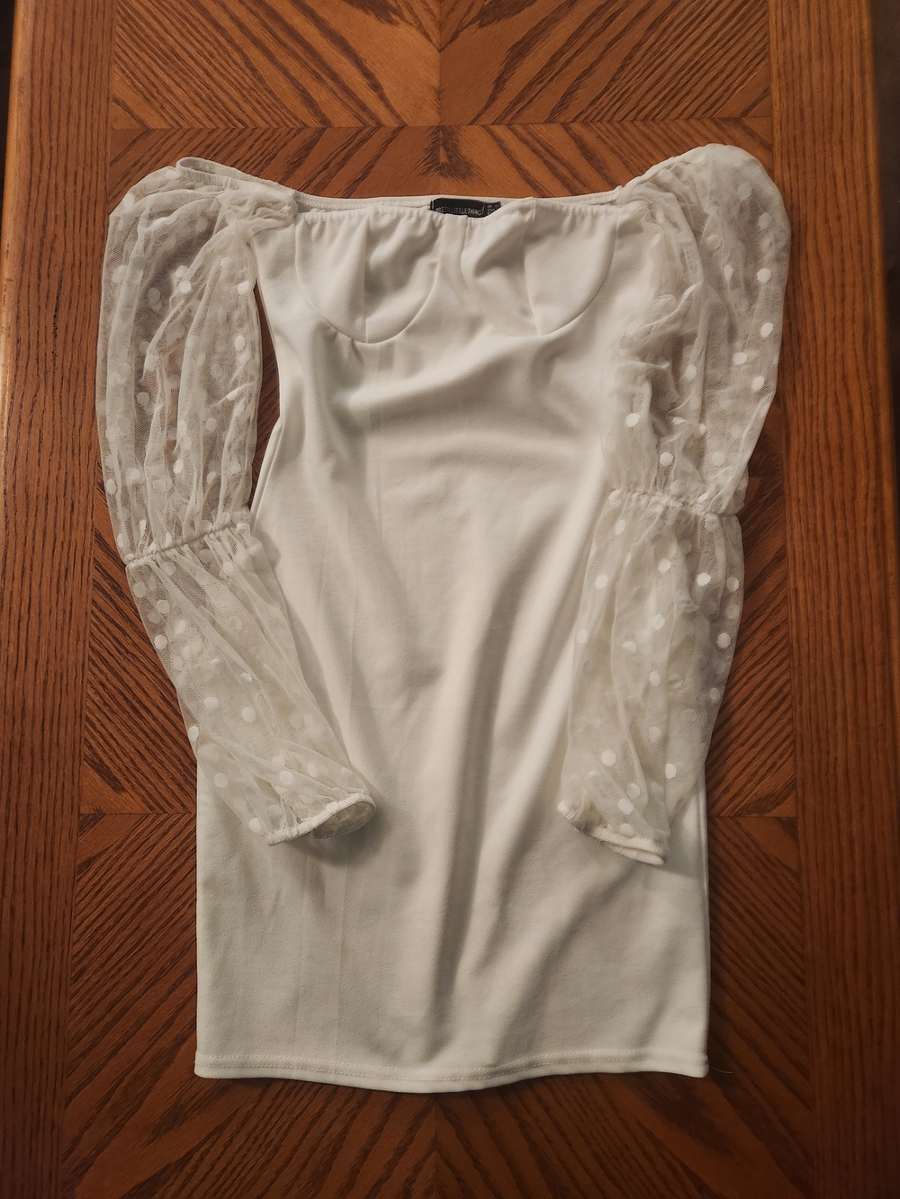 PrettyLittleThing White Mini Dress with Sheer Polka Dot Puff Sleeves